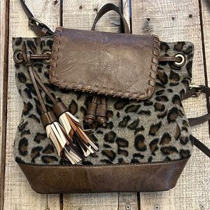 Leopard-Print Faux Leather Drawstring Backpack - Brown